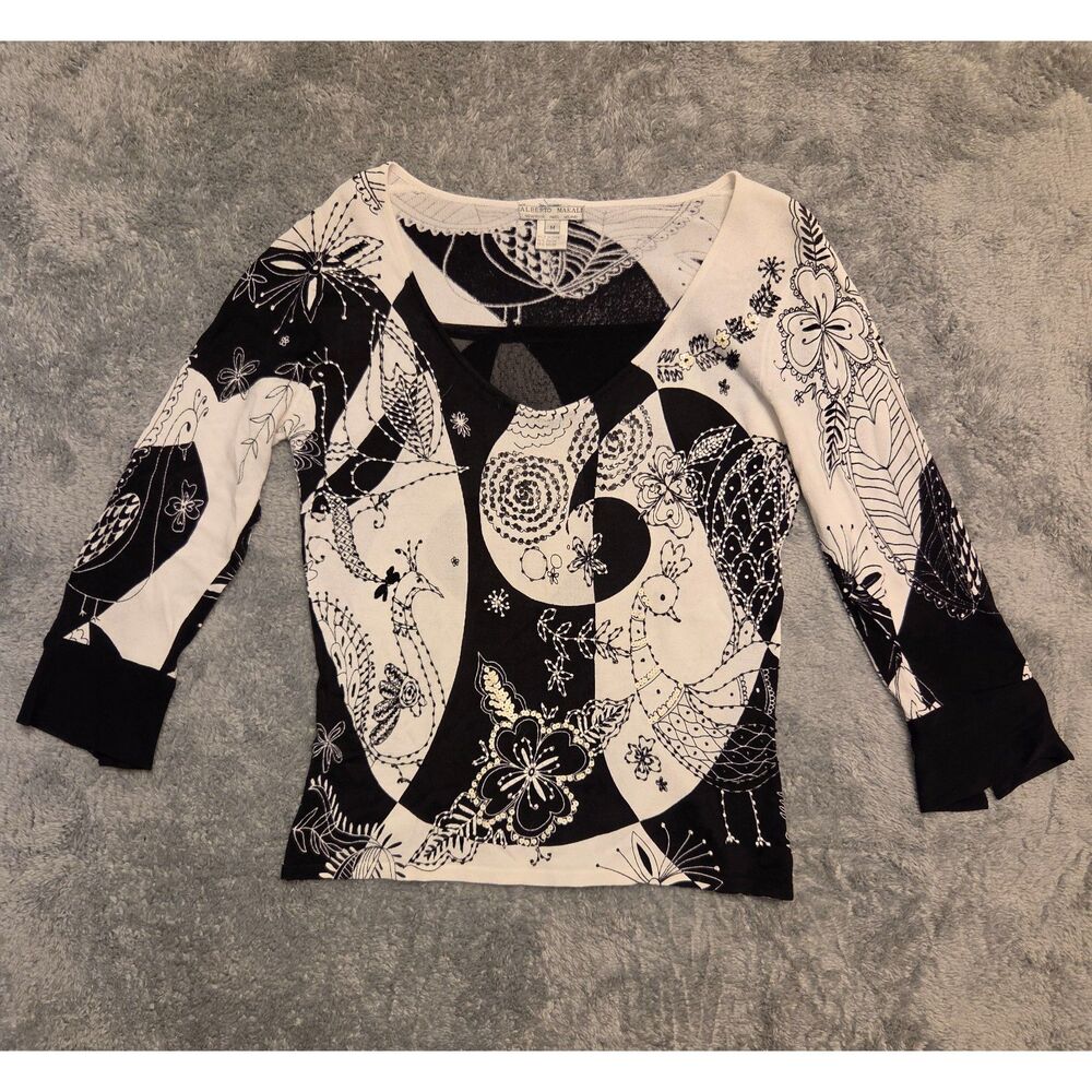 Vtg Alberto Makali Y2K Beaded Knit Top Peacock Floral Patchwork, M